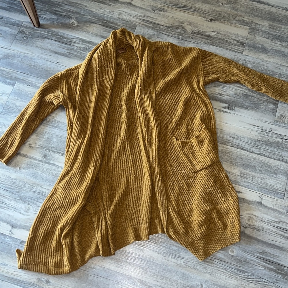 Knee Length Mustard Yellow Knit Cardigan Oversized